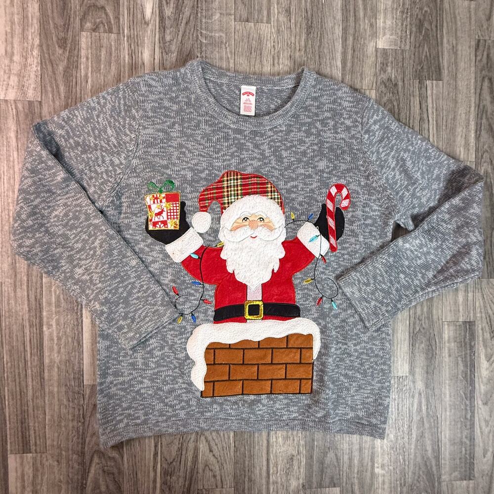 Holiday Time Gray Santa In Chimney Christmas Sweater L/G (12-14) Acrylic